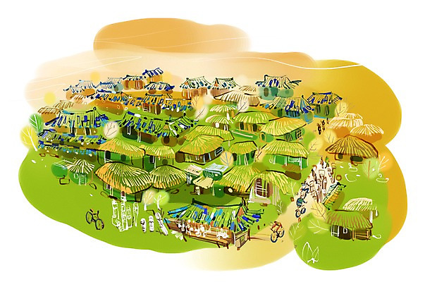 PSD 나무 식물 여자 남자 길 여유 육상교통 교통수단 여행 이동 일러스트 휴식 주택 초가집 사람 여러명 자전거 자전거여행 자전거길 하회마을 국내일러스트 감정 다수 교통 컨셉 한옥 건물 바이크 안동 파일형식