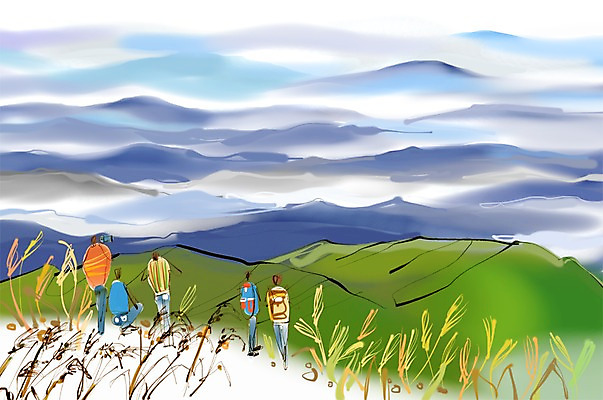 PSD 나무 식물 구름 여자 남자 길 여유 육상교통 교통수단 여행 이동 일러스트 하늘 휴식 산 사람 여러명 자전거 등산 등산객 자전거여행 자전거길 운해 오도산 국내일러스트 자연요소 감정 다수 교통 컨셉 바이크 트래킹 합천 파일형식 구름_자연