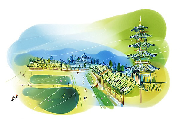 PSD 나무 식물 건축물 여자 남자 건축 길 여유 육상교통 교통수단 여행 이동 일러스트 휴식 사람 여러명 자전거 자전거여행 자전거길 백제문화단지 국내일러스트 감정 다수 교통 컨셉 유적지 바이크 부여 파일형식