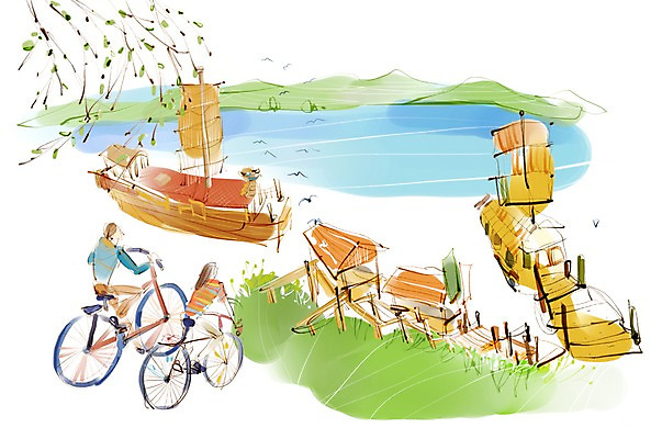 PSD 나무 식물 동물 여자 남자 길 여유 육상교통 교통수단 여행 이동 일러스트 조류 휴식 사람 두명 강 자전거 돛단배 자전거여행 자전거길 선박 국내일러스트 감정 교통 컨셉 수상교통 배_교통 바이크 파일형식