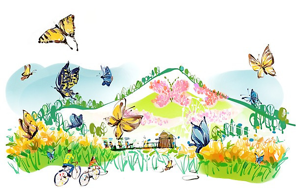 PSD 나무 식물 동물 여자 남자 길 여유 육상교통 교통수단 여행 나비 곤충 이동 일러스트 휴식 사람 여러명 자전거 축제 자전거여행 자전거길 나비축제 국내일러스트 감정 다수 교통 컨셉 바이크 파일형식