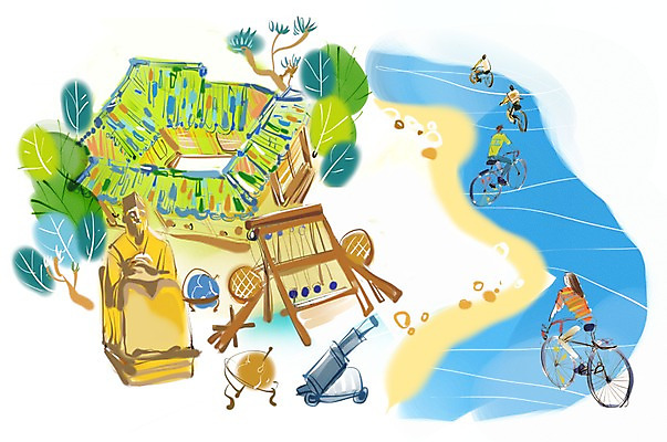 PSD 나무 식물 건축물 여자 남자 건축 길 여유 육상교통 교통수단 여행 이동 일러스트 유적지 휴식 사람 여러명 동상 자전거 자전거여행 자전거길 다산유적지 정약용 국내일러스트 감정 다수 교통 컨셉 고건축 조형물 바이크 기념물 파일형식