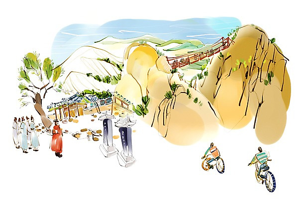 PSD 나무 식물 여자 남자 길 여유 육상교통 교통수단 여행 이동 일러스트 휴식 산 사람 여러명 자전거 비석 자전거여행 자전거길 월출산 국내일러스트 감정 다수 교통 컨셉 바이크 파일형식