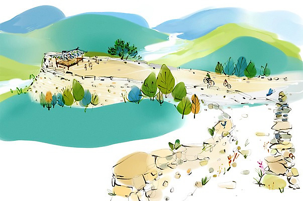 PSD 나무 식물 건축물 여자 남자 건축 길 여유 육상교통 교통수단 여행 이동 일러스트 휴식 산 사람 여러명 자전거 돌_바위 석탑 자전거여행 자전거길 금성산성 산성 국내일러스트 감정 다수 교통 컨셉 탑 바이크 담양 파일형식