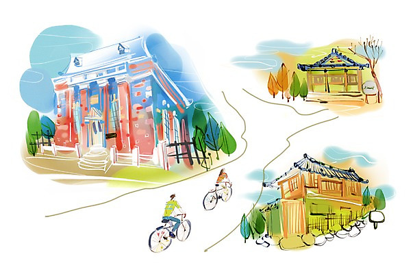 PSD 나무 식물 건축물 여자 남자 건축 길 여유 육상교통 교통수단 여행 이동 일러스트 휴식 사람 두명 자전거 은행 자전거여행 자전거길 남일당한약방 국내일러스트 감정 교통 컨셉 금융 바이크 한약방 파일형식