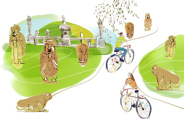 PSD 나무 식물 여자 남자 길 여유 육상교통 교통수단 여행 이동 일러스트 휴식 사람 두명 자전거 무덤 석상 자전거여행 자전거길 문인석 영녕릉 국내일러스트 감정 교통 컨셉 바이크 여주 왕릉 파일형식