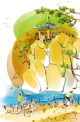 PSD 나무 식물 여자 남자 길 여유 육상교통 교통수단 여행 이동 일러스트 휴식 사람 여러명 자전거 돌_바위 바위 자전거여행 자전거길 낙화암 백화정 국내일러스트 감정 다수 교통 컨셉 바이크 문화재 부여 파일형식