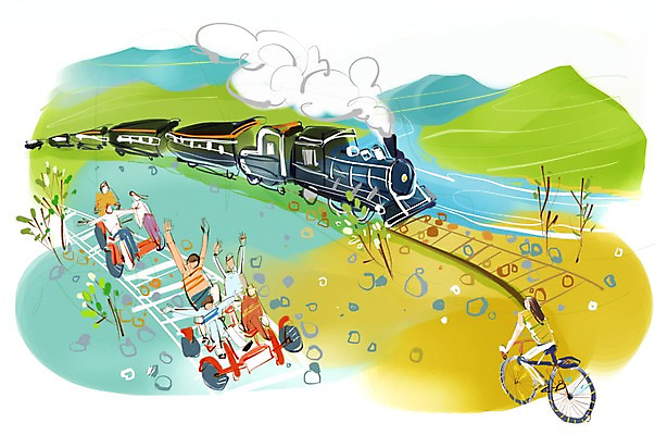 PSD 나무 식물 여자 남자 길 여유 육상교통 교통수단 여행 이동 일러스트 휴식 산 사람 여러명 자전거 바이크 기찻길 기차 자전거여행 자전거길 레일바이크 철도의날 국내일러스트 감정 다수 교통 컨셉 대중교통 파일형식 법정기념일