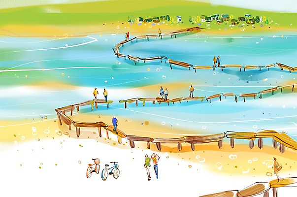 PSD 나무 식물 여자 남자 길 여유 육상교통 교통수단 여행 이동 일러스트 휴식 주택 사람 여러명 자전거 나무다리 자전거여행 자전거길 무섬마을 외나무다리 가교 국내일러스트 건축물 감정 다수 교통 컨셉 건물 바이크 다리_건축물 파일형식