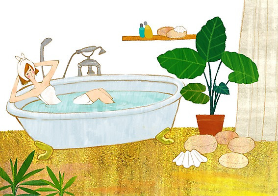 PSD 식물 여자 화분 백그라운드 일러스트 욕조 한명 사람 앉기 물 인테리어 목욕 욕실 돌_바위 화장실 호스 초크일러스트 초크아트 안식처 여자만 여자한명만 국내일러스트 자연요소 1 디자인 모션 휴식 청결 그림 파일형식