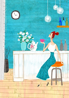 전신 PSD 식물 여자 꽃 화분 커피 시계 백그라운드 의자 일러스트 식탁 탁자 주전자 티타임 잔 한명 사람 앉기 컵 인테리어 주방 꽃병 시간 차 커피잔 찻잔 벽시계 초크일러스트 초크아트 안식처 여자만 여자한명만 국내일러스트 1 식기 디자인 음료 가구 모션 주방용품 휴식 그림 파일형식