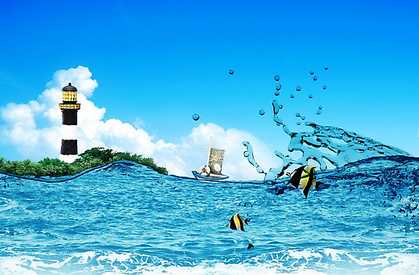 PSD 나무 식물 동물 구름 편집 편집이미지 바다 하늘 등대 어류 풍경 해변 사람없음 3D 물방울 입체 선박 이미지편집 편집3D 자연요소 수상교통 수중동물 디지털합성 파일형식