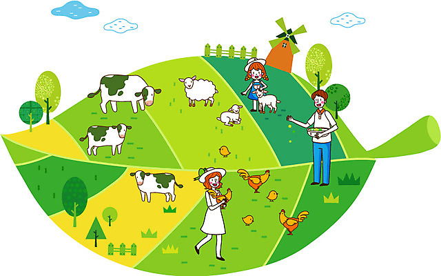 나무 식물 동물 구름 여자 남자 딸 어린이 잎 일러스트 포유류 가족 조류 엄마 나뭇잎 병아리 미소 웃음 사람 소녀 성인 세명 부모 농사 가축 목장 풍차 자녀 농촌 시골 닭 양 소 아빠 젖소 귀농 국내일러스트 AI파일 자연요소 농업 관계 표정 파일형식 벡터