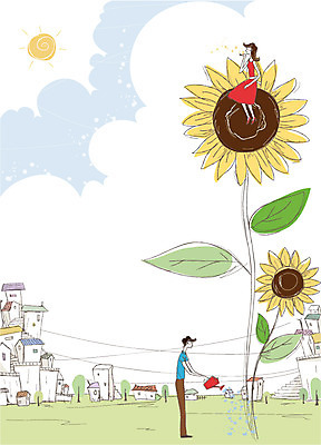 나무 식물 구름 커플 여자 남자 꽃 행복 데이트 일러스트 하늘 해바라기 주택 사랑 미소 웃음 사람 빌딩 두명 건물 태양 다정 물뿌리개 물주기 국내일러스트 AI파일 자연요소 건축물 감정 컨셉 관계 모션 표정 파일형식 벡터