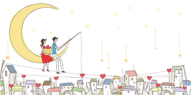 커플 여자 남자 행복 데이트 일러스트 낚시 주택 사랑 미소 웃음 사람 빌딩 두명 건물 바구니 다정 달 하트 낚싯대 초승달 국내일러스트 AI파일 자연요소 모양 건축물 감정 컨셉 관계 레저 표정 낚시용품 파일형식 벡터