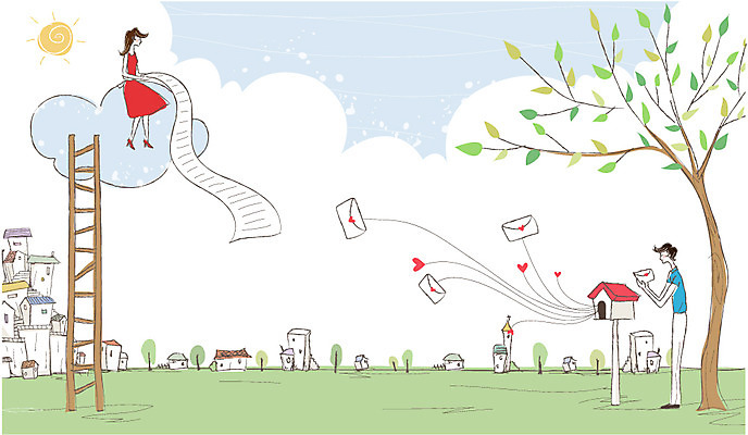 나무 식물 구름 커플 여자 남자 행복 한쌍 데이트 일러스트 사다리 하늘 주택 사랑 미소 웃음 사람 빌딩 두명 건물 태양 다정 우체통 쌍 메시지 러브레터 편지 국내일러스트 AI파일 자연요소 건축물 감정 컨셉 관계 표정 도구 파일형식 벡터