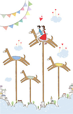 나무 식물 구름 커플 여자 남자 행복 한쌍 데이트 일러스트 하늘 주택 사랑 미소 웃음 사람 빌딩 두명 건물 다정 깃발 말_동물 쌍 목마 놀이기구 회전목마 국내일러스트 AI파일 자연요소 건축물 감정 컨셉 포유류 관계 표정 파일형식 벡터