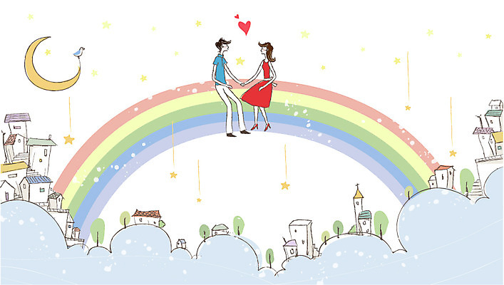 나무 식물 동물 구름 커플 여자 남자 행복 한쌍 무지개 데이트 일러스트 조류 하늘 주택 사랑 미소 웃음 사람 빌딩 두명 건물 다정 달 쌍 초승달 국내일러스트 AI파일 자연요소 건축물 감정 컨셉 관계 표정 파일형식 벡터