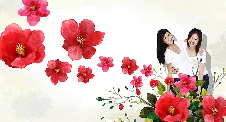 PSD 외국인 식물 편집이미지 우먼라이프 라이프스타일 여자 꽃 어깨동무 미소 웃음 사람 동양인 상반신 20대 성인 두명 앞모습 캐주얼 빨간색 친구 뷰티 우정 여자만 성인여자만 청년만 청년여자만 성인만 이미지편집 옷 뷰포인트 컬러 포즈 관계 표정 인종 청년 생활 파일형식