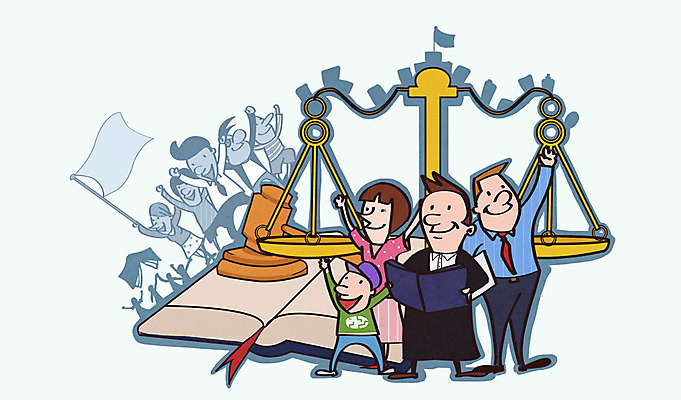 PSD 여자 남자 어린이 일러스트 가족 저울 미소 웃음 사람 소년 여러명 성인 책 깃발 가운 판사복 선택 무게 법률가 판사 검사_법률가 법 의사봉 재판 법관 공정 판결 법원 법의 변호사 제헌절 국내일러스트 직업 옷 다수 컨셉 관계 표정 국경일 파일형식