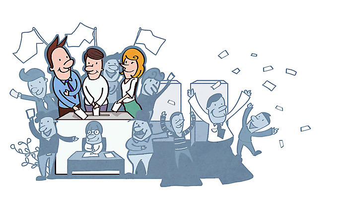 PSD 여자 남자 일러스트 미소 웃음 사람 여러명 성인 깃발 투표 선거 법 투표용지 공정 투표함 성인만 유권자 국내일러스트 다수 표정 민주주의 파일형식