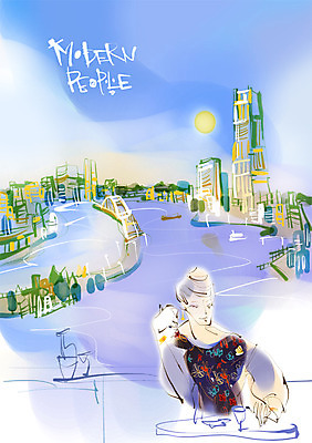 PSD 라이프스타일 여자 야경 일러스트 한명 미소 웃음 사람 빌딩 성인 취미 건물 라이프 도시 저녁 모던 모던라이프 모던피플 여자만 여자한명만 성인여자만 성인만 국내일러스트 1 건축물 표정 생활 야간 파일형식 풍경_경치