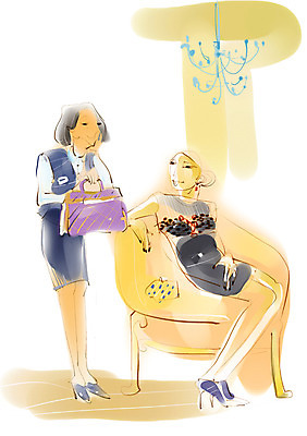 PSD 라이프스타일 잡화 여자 의자 가방 일러스트 미소 웃음 사람 성인 취미 두명 라이프 쇼핑 상점 구매 고객 직원 모던 모던라이프 모던피플 여자만 성인여자만 성인만 국내일러스트 가구 표정 생활 파일형식