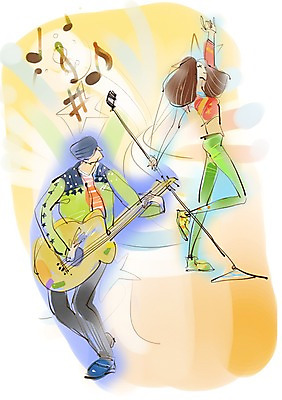 PSD 라이프스타일 여자 남자 악기 음악 연주 음표 일러스트 노래 현악기 미소 웃음 사람 성인 두명 라이프 기타 마이크 모던 모던라이프 모던피플 성인만 국내일러스트 기호 음향기기 문화예술 표정 생활 파일형식