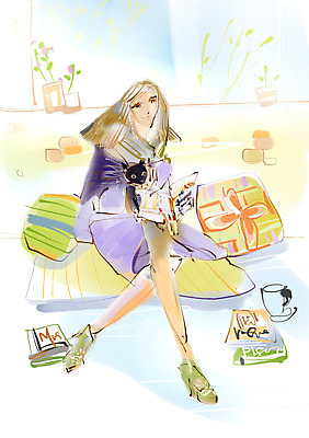 PSD 동물 라이프스타일 여자 일러스트 휴식 한명 미소 웃음 사람 성인 취미 라이프 책 반려동물 독서 고양이 모던 모던라이프 모던피플 여자만 여자한명만 성인여자만 성인만 국내일러스트 1 컨셉 포유류 표정 생활 파일형식