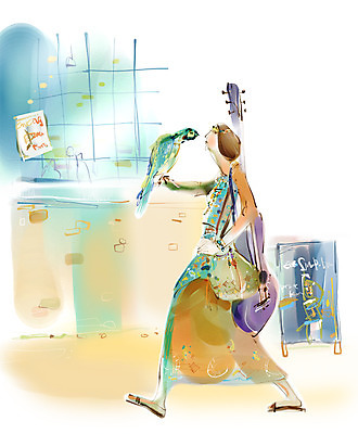 PSD 동물 라이프스타일 여자 악기 일러스트 조류 현악기 한명 미소 웃음 사람 성인 취미 라이프 기타 모던 앵무새 모던라이프 모던피플 여자만 여자한명만 성인여자만 성인만 국내일러스트 1 음악 표정 생활 파일형식