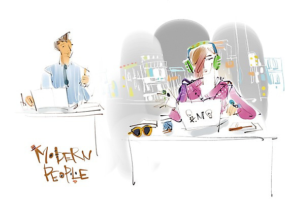 PSD 라이프스타일 여자 남자 일러스트 비즈니스 미소 웃음 사람 성인 두명 라이프 비즈니스라이프 컴퓨터 사무실 업무 작업실 책상 모던 모던라이프 모던피플 성인만 국내일러스트 가구 표정 생활 전자제품 작업 파일형식