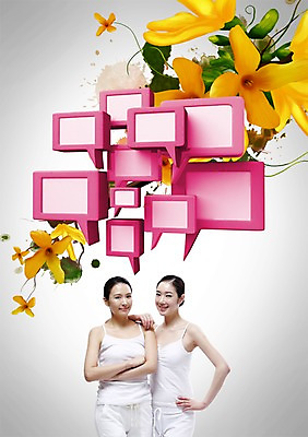 PSD 식물 편집 편집이미지 배너 여자 꽃 백그라운드 말풍선 생각 상상 안내 아이디어 프레임 틀 서기 사람 동양인 20대 성인 두명 3D 한국인 알림 여자만 성인여자만 청년만 청년여자만 성인만 편집3D 컨셉 모션 인종 청년 디지털합성 파일형식