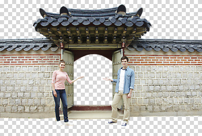 전신 서양인 외국인 백인 편집 편집이미지 한국전통 라이프스타일 건축물 커플 여자 남자 전통문화 커플라이프 여행 포즈 고건축 한국건축 모션 안내 기와 서기 미소 웃음 사람 손짓 20대 성인 두명 건물 담장 손들기 여행객 문 대문 전통문 기와지붕 PNG 국내여행 청년만 성인만 편집소스 전통 건축 문화 관계 지붕 한국 표정 인종 청년 생활 파일형식
