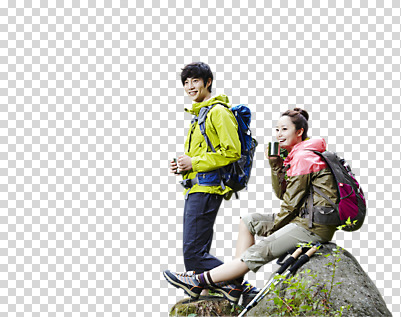 전신 식물 편집 편집이미지 라이프스타일 커플 응시 여자 남자 커플라이프 여행 포즈 가방 모션 지팡이 레저 휴식 아웃도어 서기 미소 웃음 들기 사람 앉기 동양인 성인 두명 컵 30대 등산 트래킹 한국인 마시기 돌_바위 바위 풀 물컵 등산복 등산가방 PNG 장년만 성인만 편집소스 식기 시선 잡화 옷 컨셉 관계 표정 인종 생활 장년 파일형식