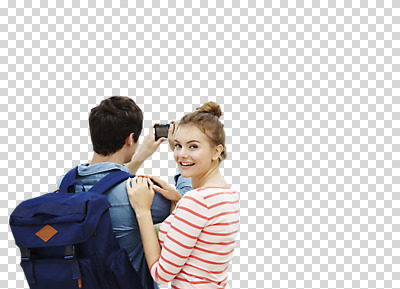 서양인 외국인 백인 편집 편집이미지 커플 여자 남자 여행 포즈 가방 배낭 모션 서기 미소 웃음 사람 상반신 20대 성인 두명 뒷모습 여행객 카메라 사진촬영 촬영 뒤돌아보기 디지털카메라 셀프카메라 PNG 청년만 성인만 편집소스 잡화 뷰포인트 관계 표정 인종 청년 전자제품 파일형식