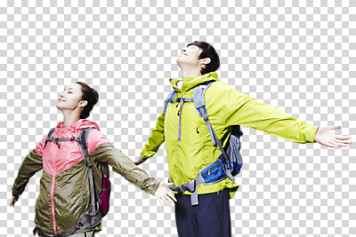 편집 편집이미지 라이프스타일 커플 여자 남자 커플라이프 여행 포즈 가방 모션 팔벌리기 레저 아웃도어 서기 사람 동양인 손짓 상반신 성인 두명 30대 눈감음 등산 트래킹 한국인 호흡 등산복 등산가방 공기 PNG 심호흡 장년만 성인만 편집소스 잡화 옷 관계 인종 생활 장년 파일형식