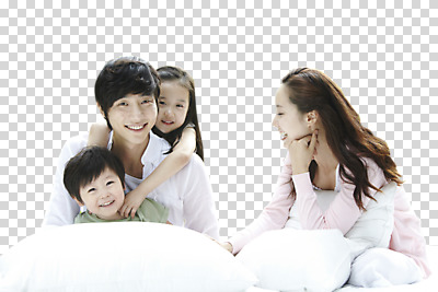 편집 편집이미지 응시 여자 남자 딸 아들 어린이 포즈 다수 가족 베개 침구 모션 엄마 미소 웃음 사람 앉기 소녀 소년 여러명 상반신 성인 30대 자녀 아빠 PNG 편집소스 시선 관계 표정 장년 파일형식