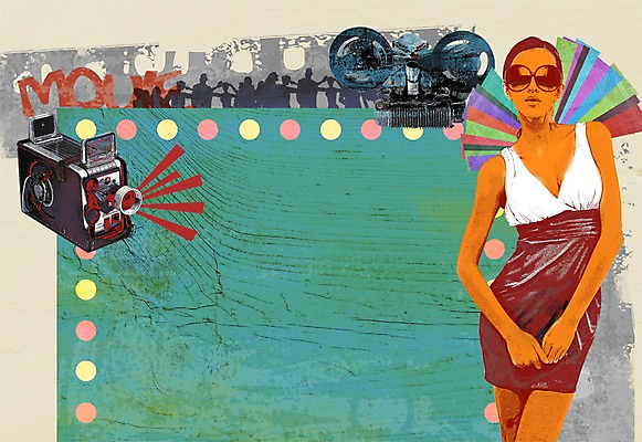 PSD 배너 여자 백그라운드 일러스트 안내 프레임 틀 한명 서기 미소 웃음 사람 알림 영화 퓨전 팝아트 영사기 특별함 여자만 여자한명만 국내일러스트 1 컨셉 모션 문화예술 표정 그림 파일형식