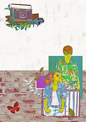 PSD 식물 동물 커플 여자 남자 한쌍 벽 나비 곤충 백그라운드 잎 일러스트 벽돌 서기 미소 웃음 사람 두명 담장 쌍 퓨전 라디오 복고 팝아트 특별함 국내일러스트 컨셉 관계 모션 표정 전자제품 그림 파일형식