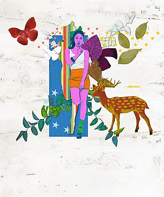 전신 PSD 식물 동물 여자 나비 곤충 백그라운드 잎 일러스트 포유류 사슴 한명 서기 미소 웃음 사람 퓨전 팝아트 특별함 여자만 여자한명만 국내일러스트 1 컨셉 모션 표정 그림 파일형식