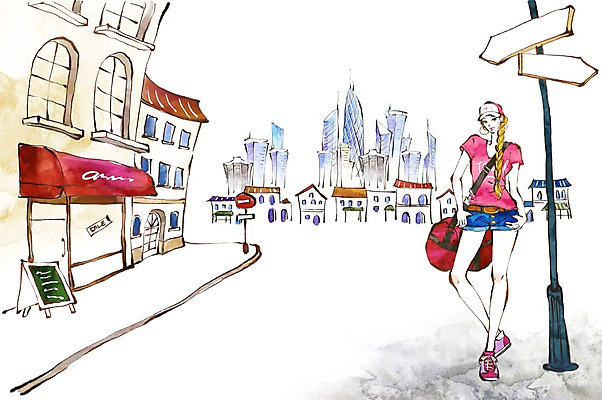 PSD 우먼라이프 라이프스타일 여자 패션 일러스트 알림판 한명 미소 웃음 사람 빌딩 성인 건물 라이프 쇼핑 팻말 표지판 여자만 여자한명만 성인여자만 성인만 국내일러스트 1 건축물 프레임 표정 생활 파일형식