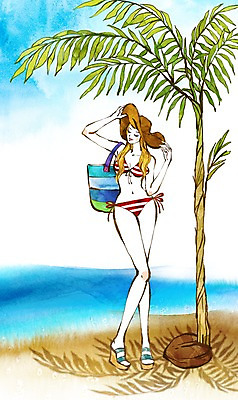 PSD 나무 식물 우먼라이프 라이프스타일 계절 여자 패션 수영복 바다 가방 일러스트 한명 미소 웃음 사람 성인 해변 라이프 여름 쇼핑 비키니 여자만 여자한명만 성인여자만 성인만 국내일러스트 1 잡화 옷 표정 생활 파일형식