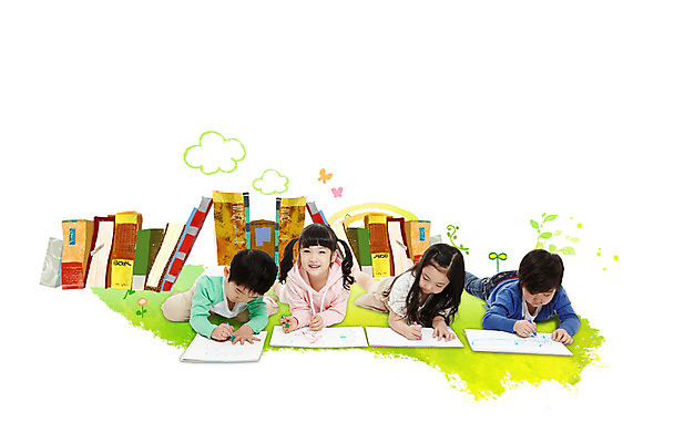 PSD 편집 편집이미지 여자 어린이교육 교육 남자 어린이 엎드리기 미소 웃음 사람 동양인 소녀 소년 여러명 책 그리기 스케치북 그림 어린이만 이미지편집 다수 모션 학용품 표정 인종 파일형식