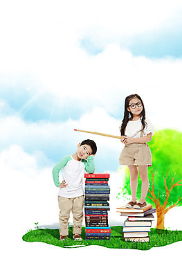 전신 PSD 나무 식물 편집 편집이미지 여자 어린이교육 교육 남자 어린이 서기 미소 웃음 사람 동양인 소녀 소년 두명 책 어린이만 이미지편집 모션 표정 인종 파일형식