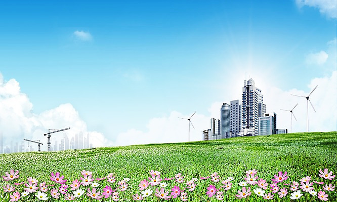 PSD 식물 구름 편집 편집이미지 꽃 꽃밭 하늘 풍경 빌딩 잔디 사람없음 건물 도시풍경 3D 에너지 풍력에너지 언덕 코스모스 풍력기 이미지편집 편집3D 자연요소 건축물 도시 그린에너지 디지털합성 파일형식