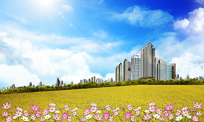 PSD 식물 구름 편집 편집이미지 계절 꽃 로우앵글 꽃밭 하늘 풍경 빌딩 초원 사람없음 건물 3D 가을 언덕 코스모스 이미지편집 편집3D 자연요소 건축물 뷰포인트 디지털합성 파일형식