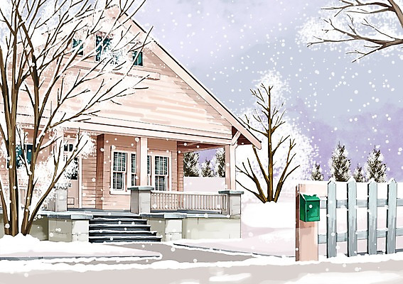 PSD 나무 식물 사계절 계절 백그라운드 겨울 일러스트 주택 풍경 사람없음 건물 울타리 설원 추위 눈 눈내림 겨울배경 국내일러스트 자연요소 건축물 날씨 눈_날씨 담장 파일형식