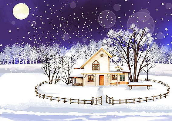 PSD 나무 식물 사계절 계절 백그라운드 겨울 일러스트 주택 풍경 사람없음 건물 울타리 설원 추위 보름달 달 눈 눈내림 겨울배경 국내일러스트 자연요소 건축물 날씨 눈_날씨 담장 파일형식