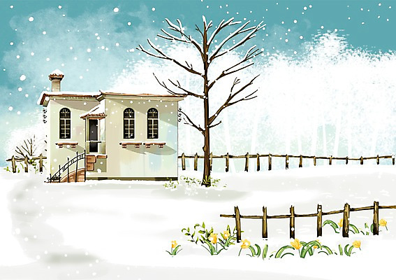 PSD 나무 식물 사계절 계절 꽃 백그라운드 겨울 일러스트 주택 풍경 사람없음 건물 울타리 설원 추위 눈 눈내림 겨울배경 국내일러스트 자연요소 건축물 날씨 눈_날씨 담장 파일형식