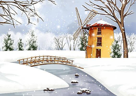 PSD 나무 식물 사계절 계절 백그라운드 겨울 일러스트 풍경 사람없음 강 설원 풍차 추위 눈 가교 눈내림 겨울배경 국내일러스트 자연요소 건축물 날씨 눈_날씨 파일형식